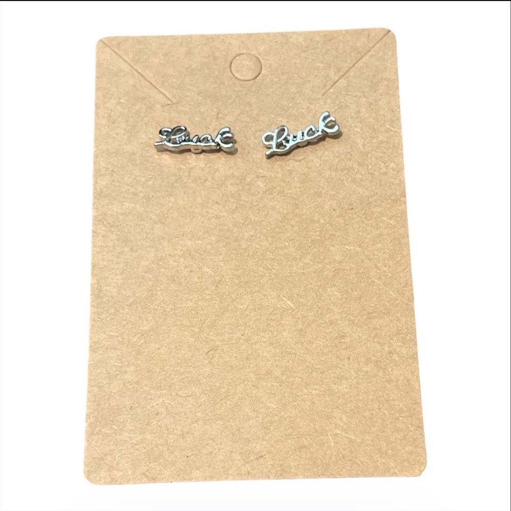 5/$25 Silver 'Luck' Script Stud Earrings